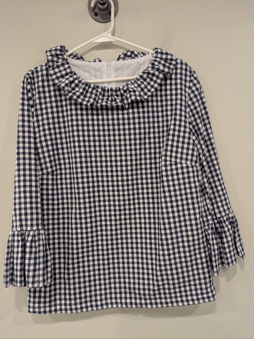 Elizabeth Wilson Blue Gingham Ruffle Neck 3/4 Sleeved Blouse Size Medium